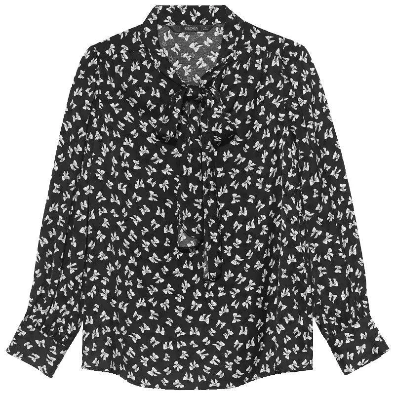 Bowknot Printed Long Sleeve Blouse