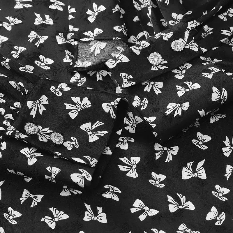 Bowknot Printed Long Sleeve Blouse