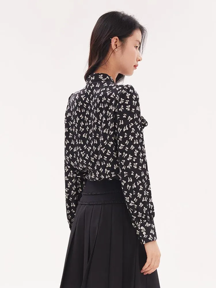 Bowknot Printed Long Sleeve Blouse