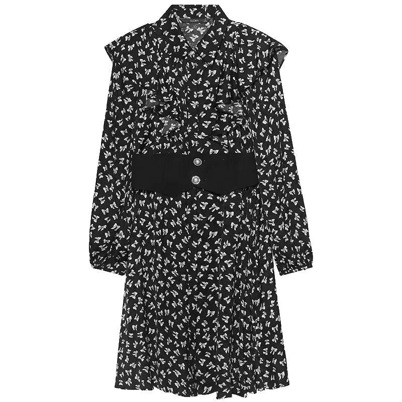 Bowknot Printed Long Sleeve Dress