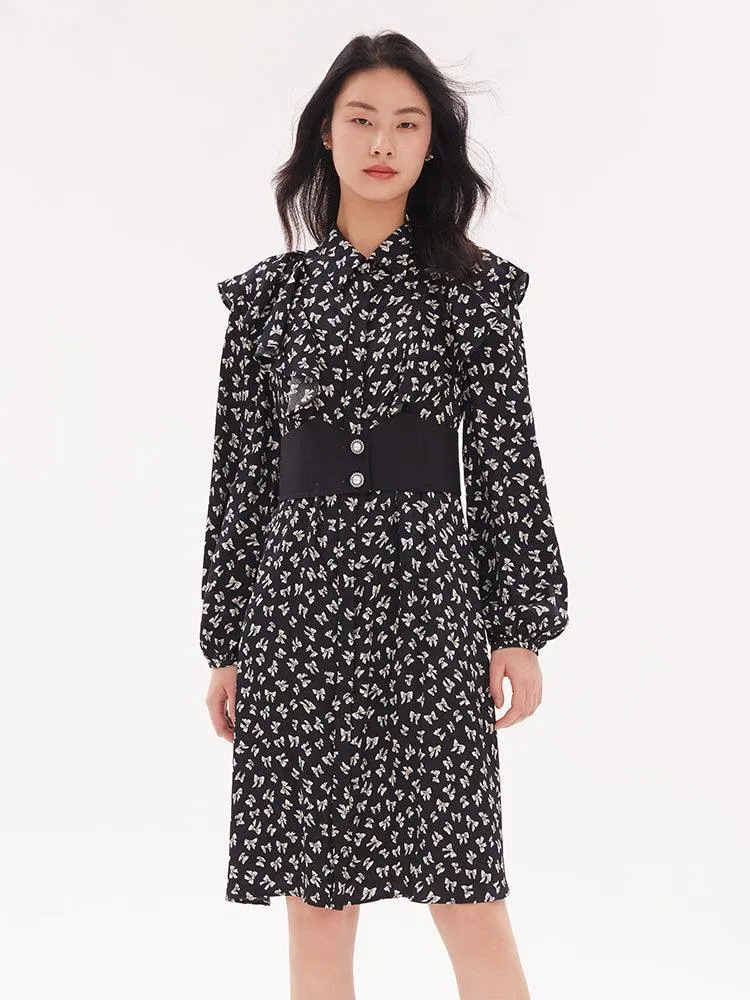 Bowknot Printed Long Sleeve Dress