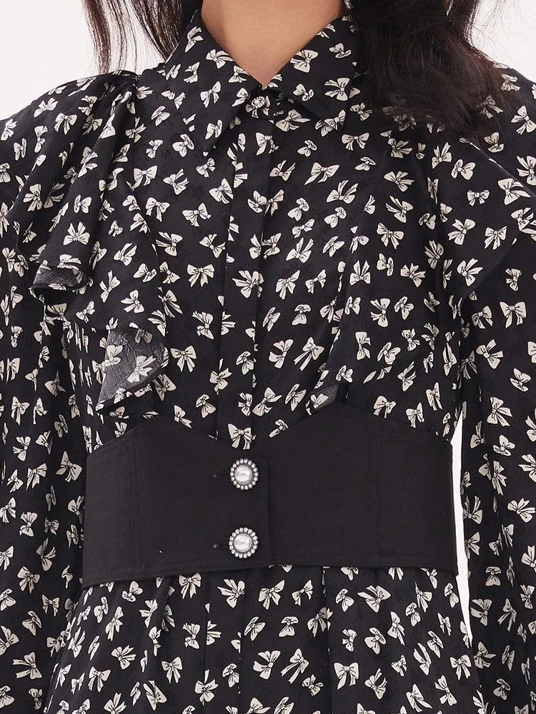 Bowknot Printed Long Sleeve Dress