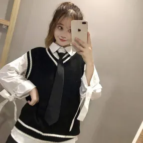 Bowknot Sleeved Loose Shirt&Waistcoat With Tie Bowknot Sleeved Loose Shirt&Waistcoat With Tie