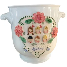 Cache Pot with Children's Faces - Pink Flowers and Heart Cache Pot with Children's Faces - Pink Flowers and Heart