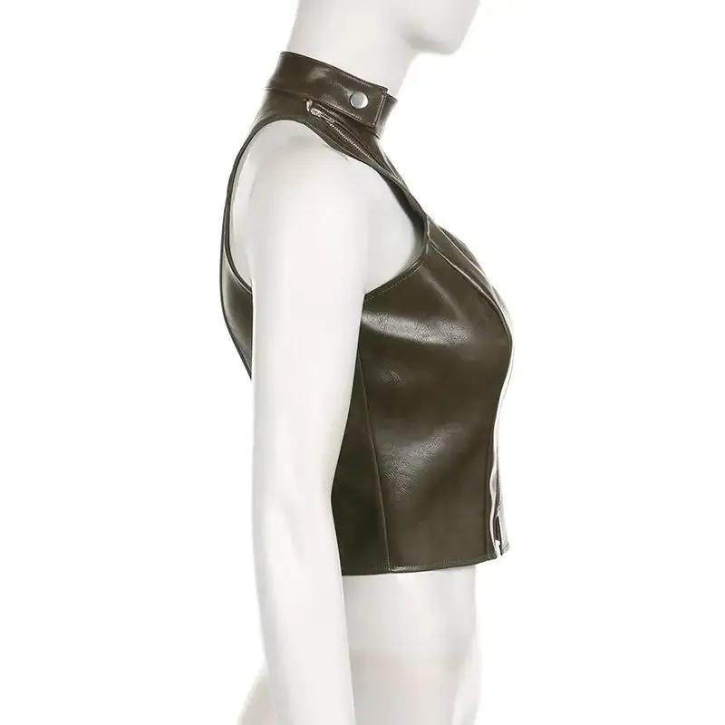 Chloe Asymmetric Zipper Faux Leather Turtleneck Crop Tank