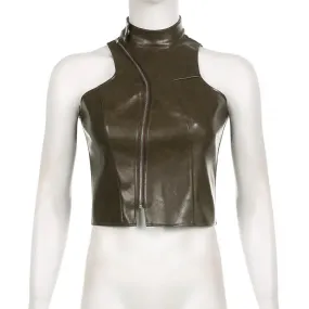 Chloe Asymmetric Zipper Faux Leather Turtleneck Crop Tank Chloe Asymmetric Zipper Faux Leather Turtleneck Crop Tank