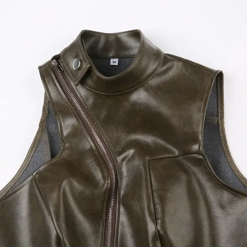 Chloe Asymmetric Zipper Faux Leather Turtleneck Crop Tank