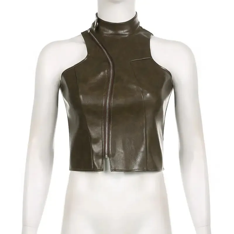 Chloe Asymmetric Zipper Faux Leather Turtleneck Crop Tank