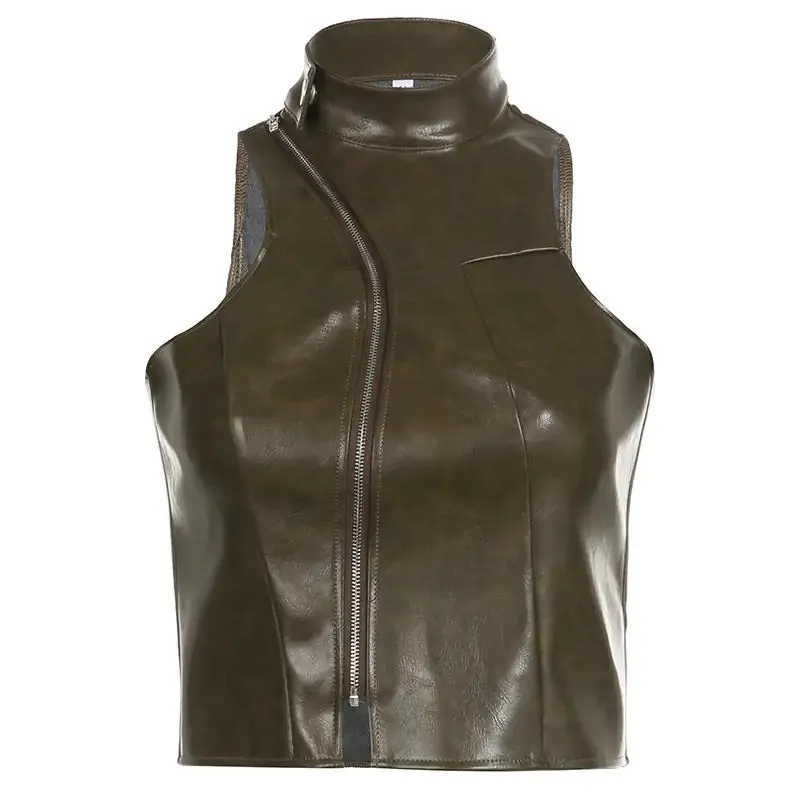 Chloe Asymmetric Zipper Faux Leather Turtleneck Crop Tank