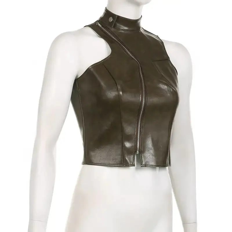 Chloe Asymmetric Zipper Faux Leather Turtleneck Crop Tank