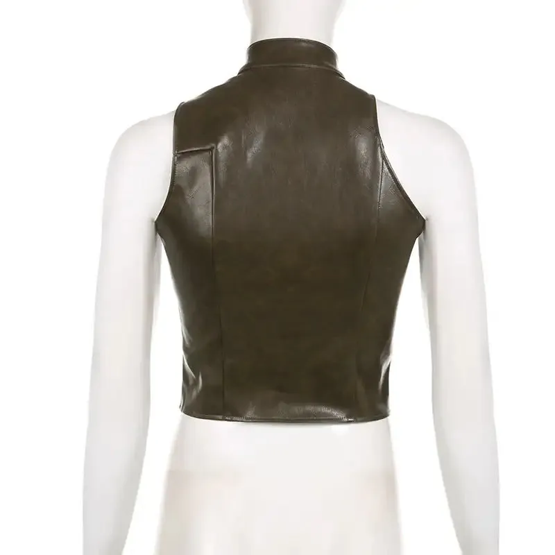 Chloe Asymmetric Zipper Faux Leather Turtleneck Crop Tank