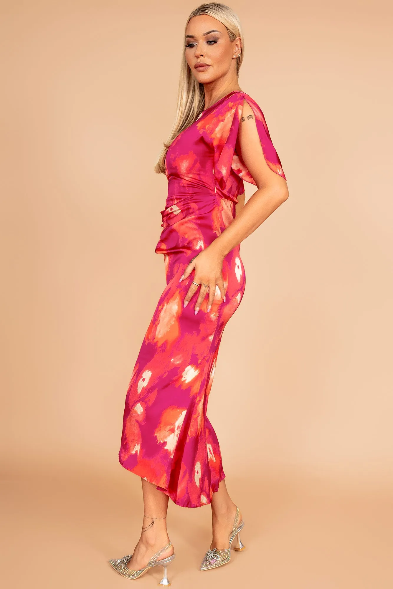 Cleo Pink Satin Print Dress