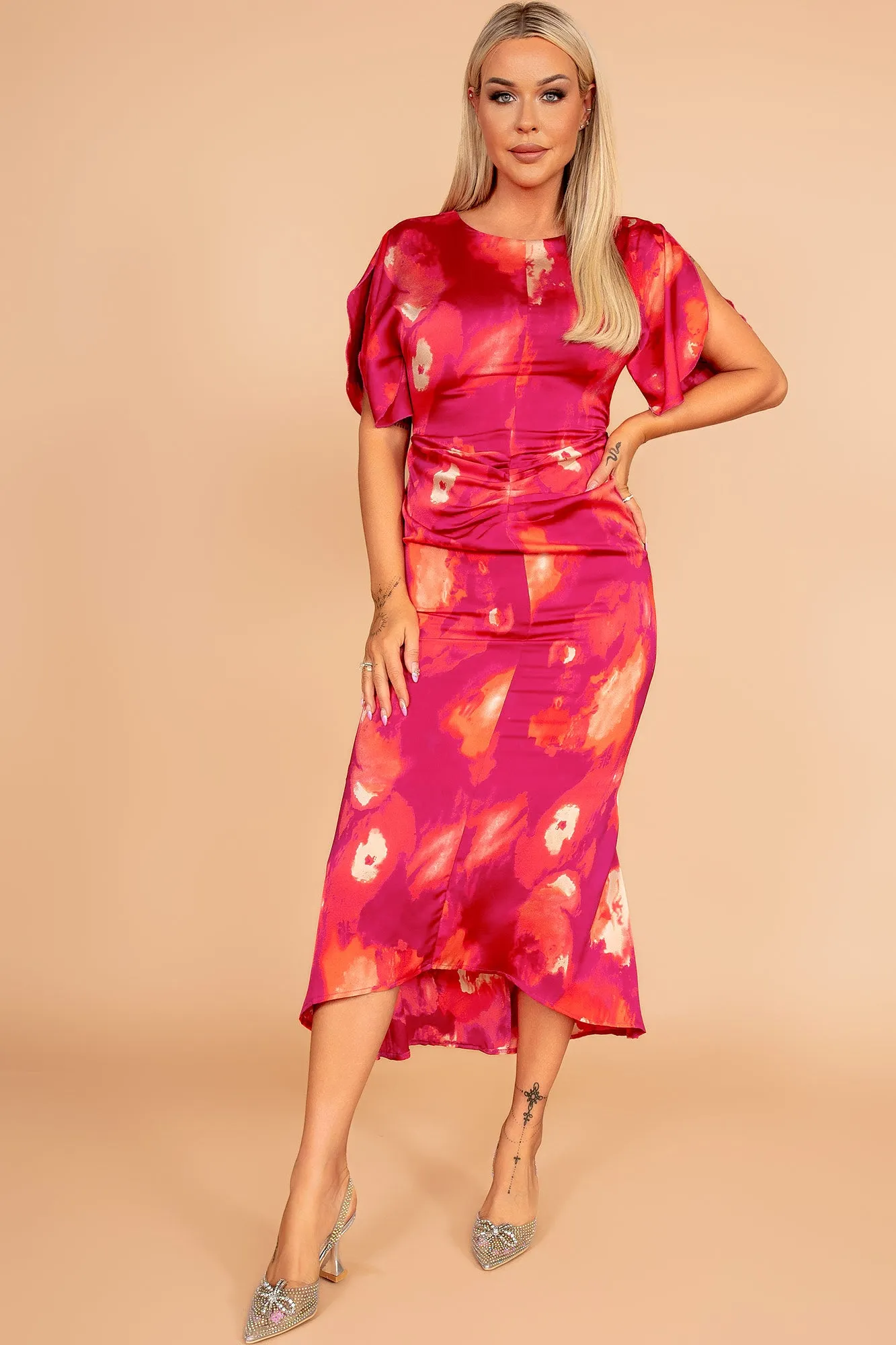 Cleo Pink Satin Print Dress