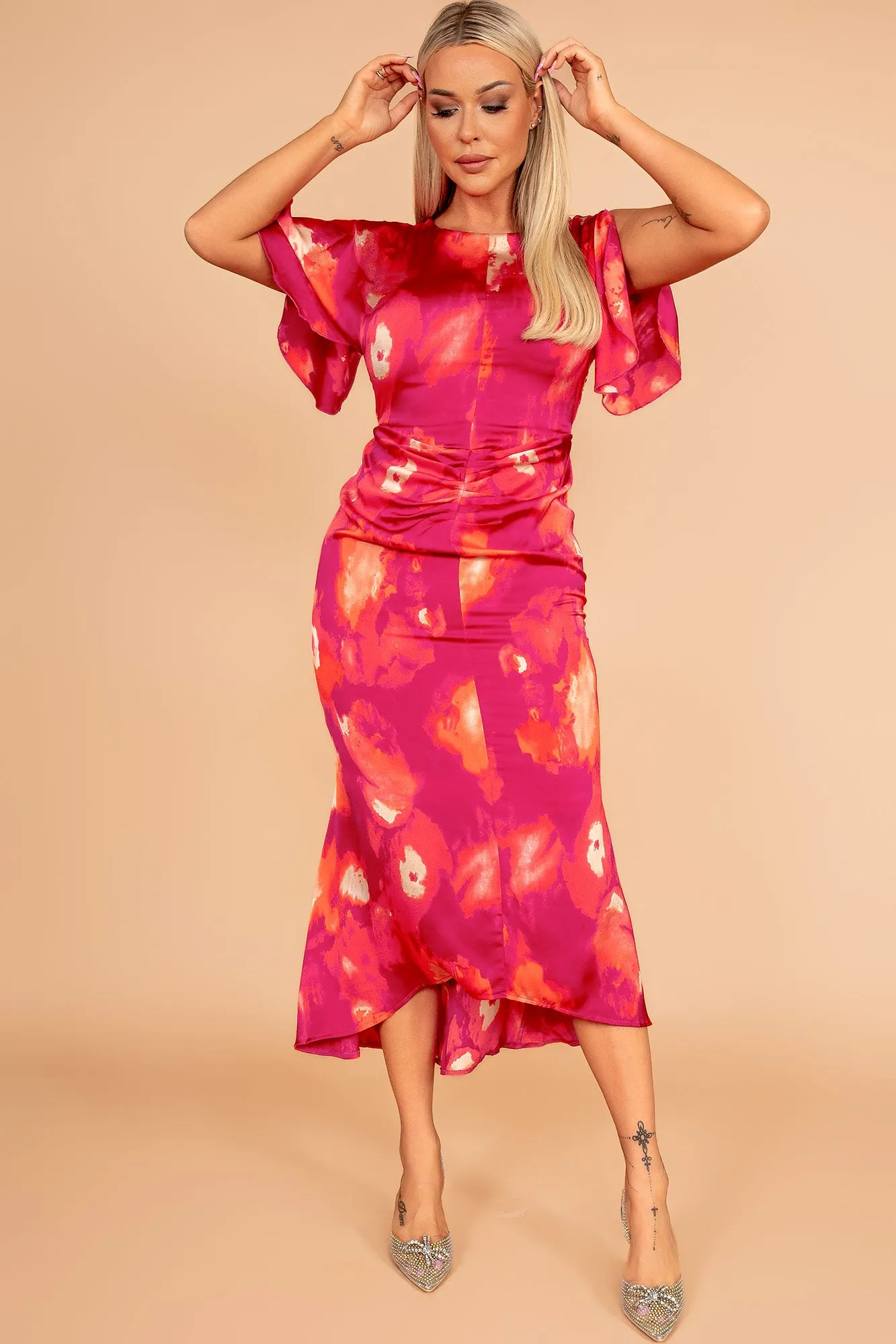 Cleo Pink Satin Print Dress