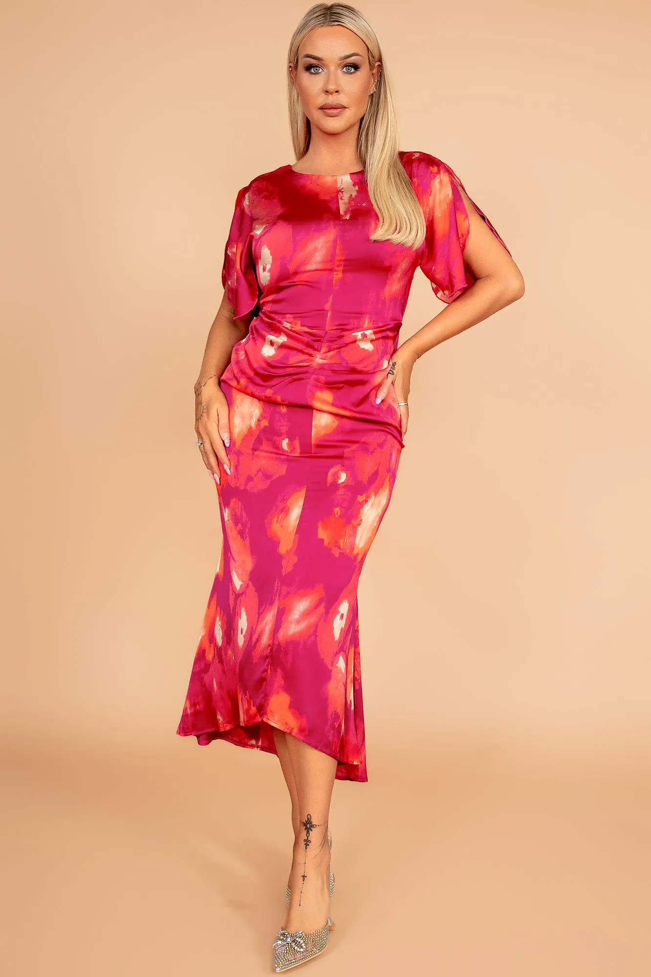 Cleo Pink Satin Print Dress