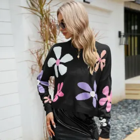Colorful Daisy Floral Print Crew Neck Oversized Pullover Sweater Colorful Daisy Floral Print Crew Neck Oversized Pullover Sweater