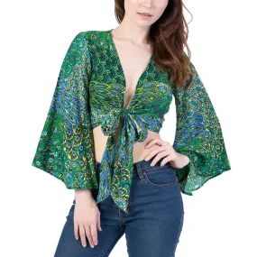 Colorful Peacock Women Boho Wrap Top - Casual Shirt - Green Colorful Peacock Women Boho Wrap Top - Casual Shirt - Green