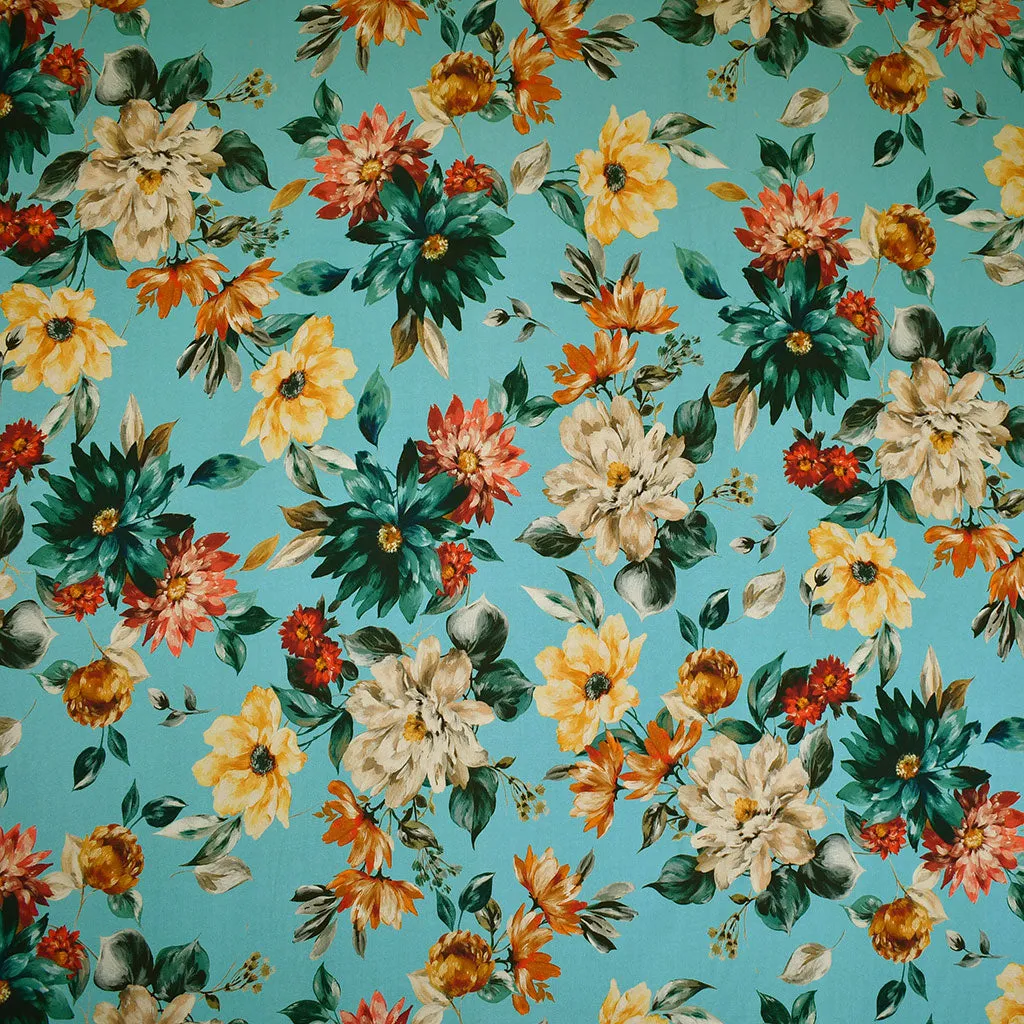 Designer Colorful Autumn Floral Rayon Challis Turquoise/Rust