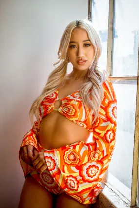 Disco Ring Top with Flare Sleeves in Orange Retro Flowers Disco Ring Top with Flare Sleeves in Orange Retro Flowers