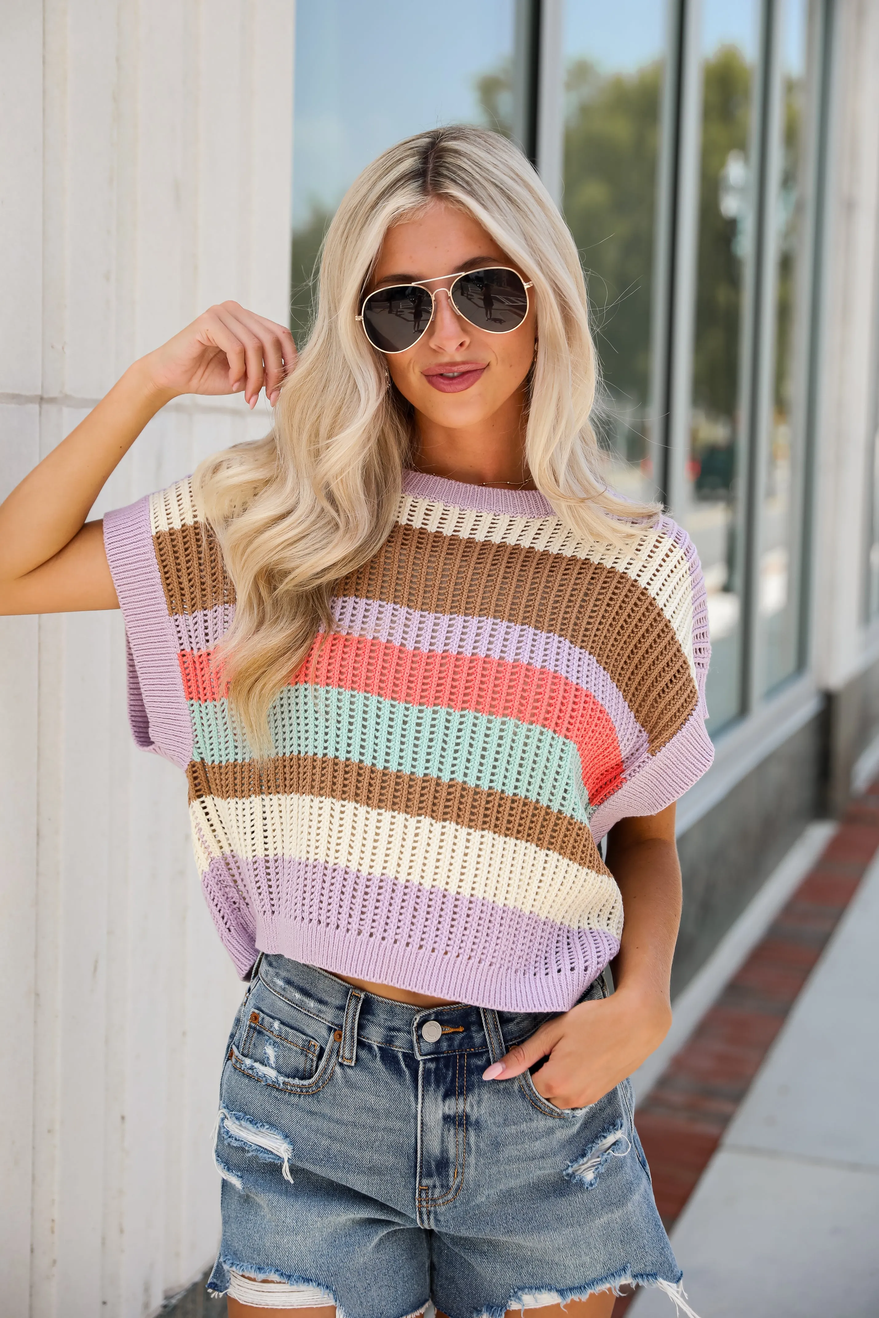 Easily Delightful Lilac Striped Sweater Top