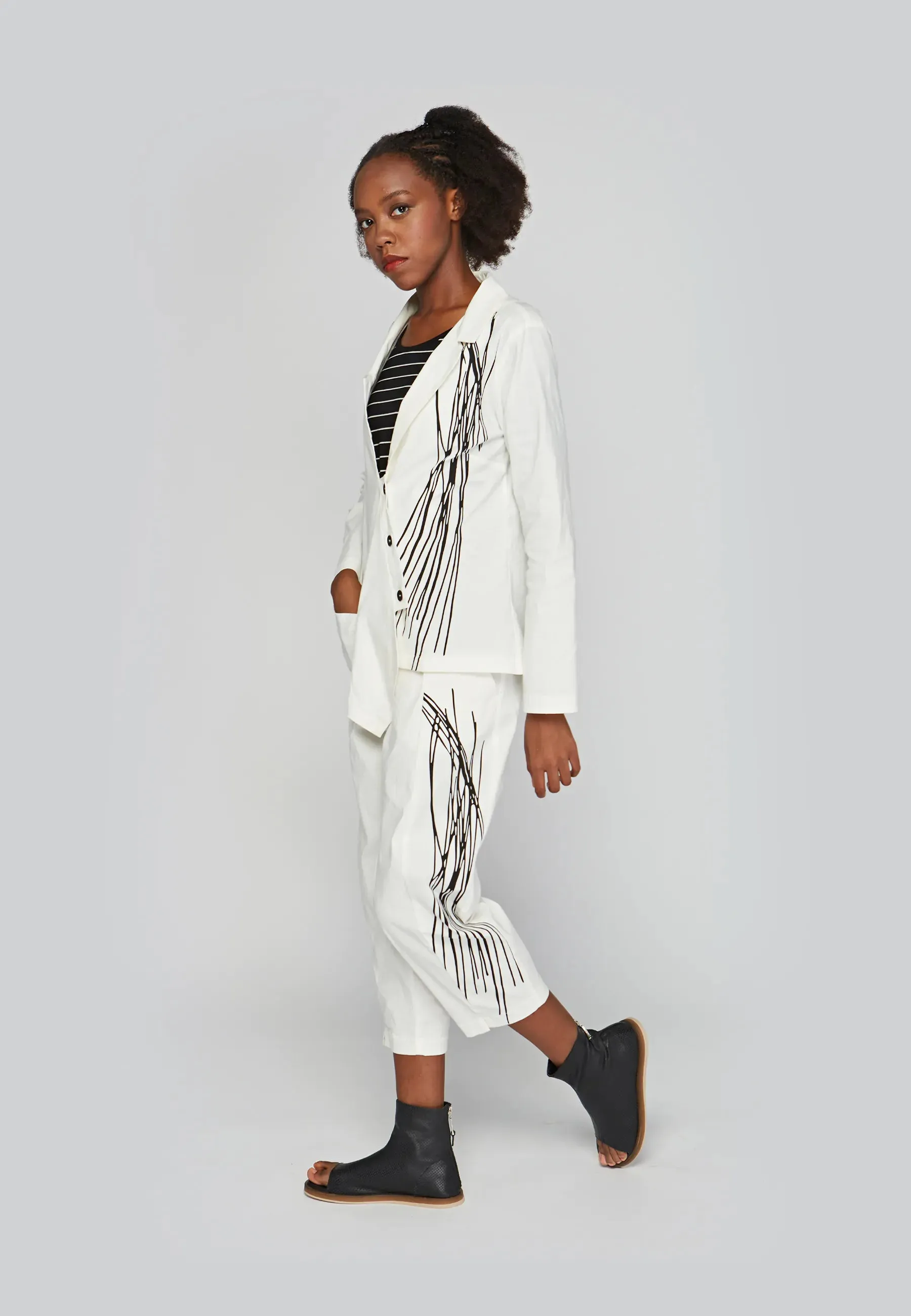 ELI Printed, stretch linen & cotton blended pants