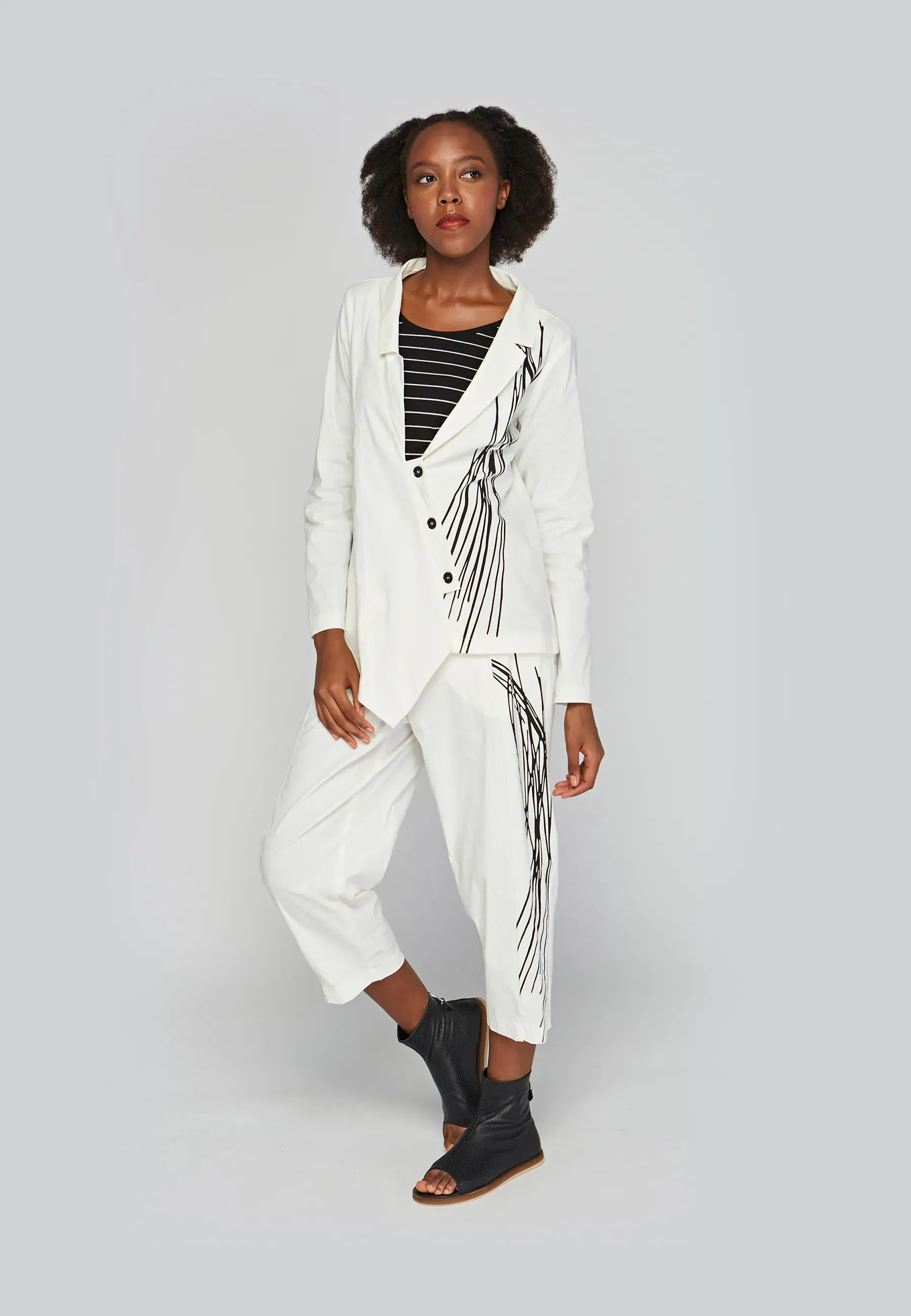 ELI Printed, stretch linen & cotton blended pants