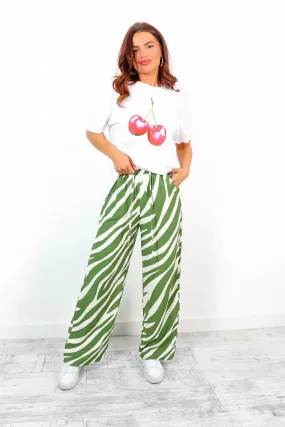 Far and Wide - Green White Zebra Wide-Leg Trousers Far and Wide - Green White Zebra Wide-Leg Trousers