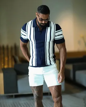 Father Sons Classic Navy / Off White Knitted Vertical Stripe Polo Short Sleeve - FSN105 Father Sons Classic Navy / Off White Knitted Vertical Stripe Polo Short Sleeve - FSN105