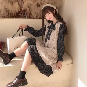 Floral Bowknot Plaid Long Sleeved Dress With Woolen Vest Floral Bowknot Plaid Long Sleeved Dress With Woolen Vest
