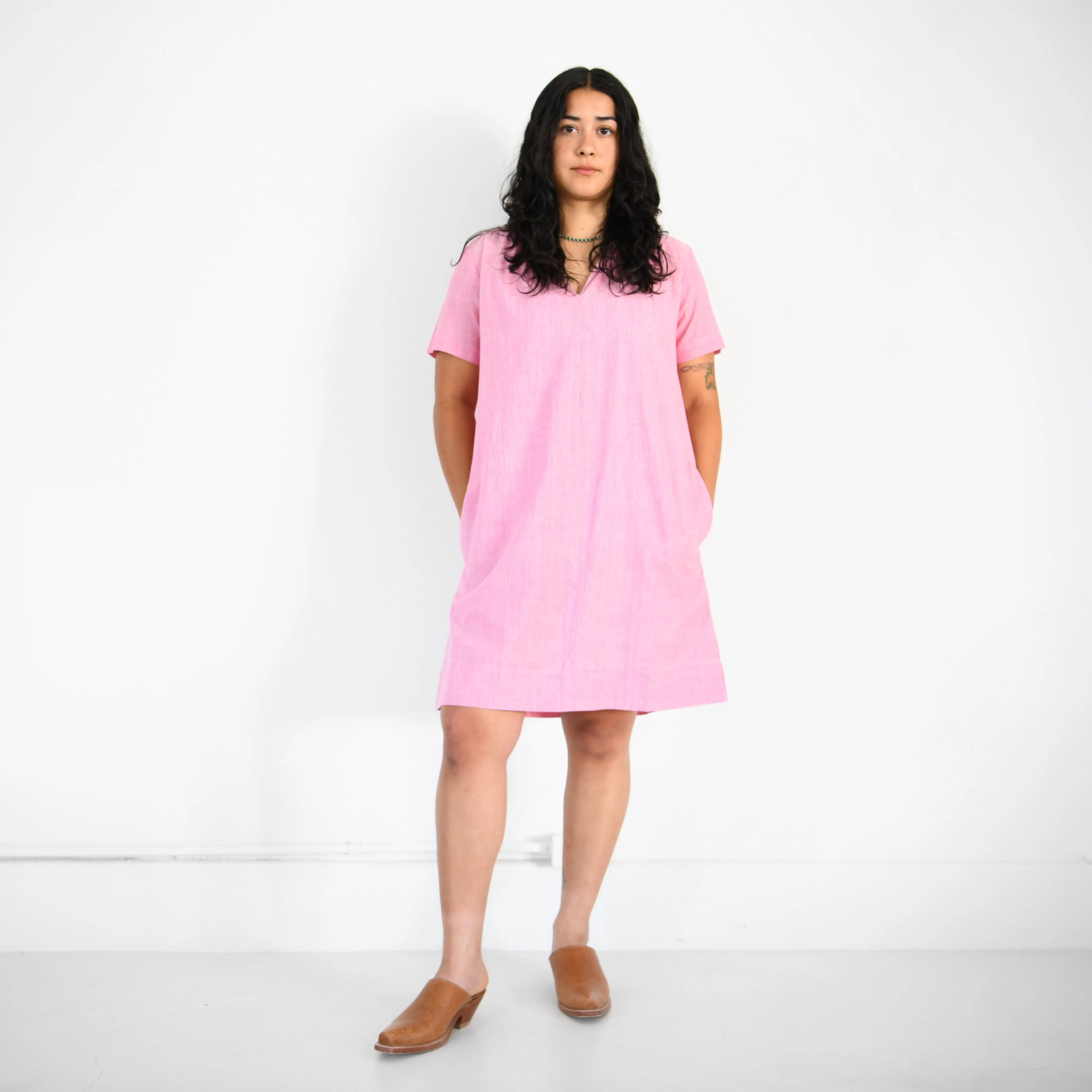 Gathered Neck Khadi Dress - Rose   Orange Pin Stripe