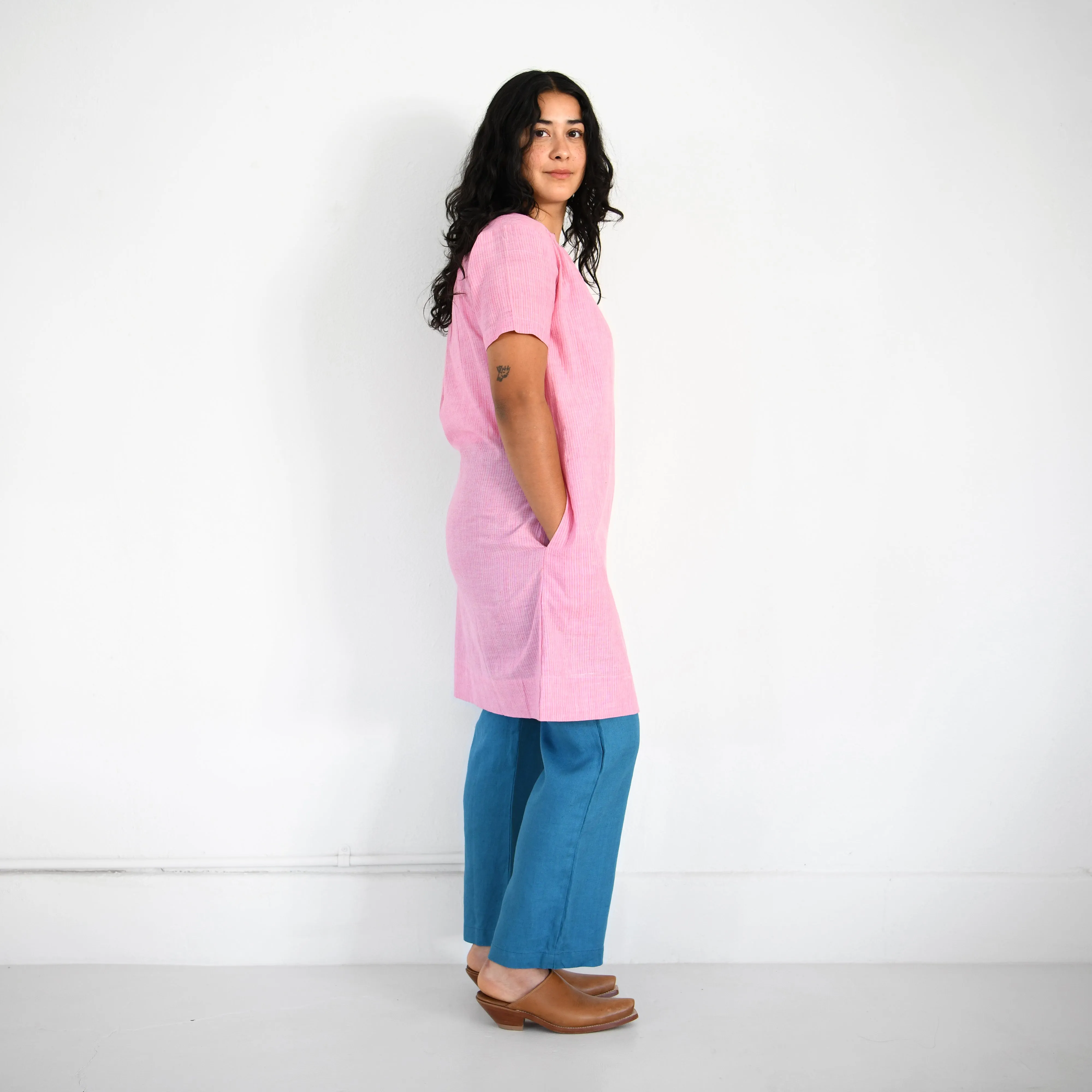 Gathered Neck Khadi Dress - Rose   Orange Pin Stripe