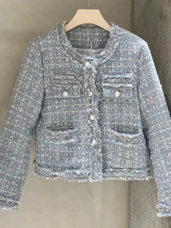 Getadme High Quality Korean Vintage Tweed Jacket Coat Women Autumn Single Breasted Plaid Tassel Slim Woolen Jackets Office Lady Outwear