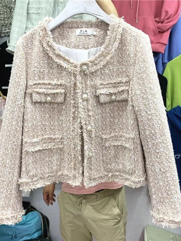 Getadme High Quality Korean Vintage Tweed Jacket Coat Women Autumn Single Breasted Plaid Tassel Slim Woolen Jackets Office Lady Outwear