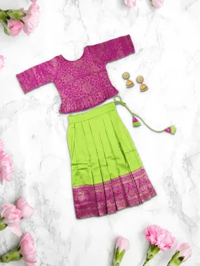Girls Elegant Pattu Pavadai set Green with Magenta 3/4 Sleeve - GPS08 Girls Elegant Pattu Pavadai set Green with Magenta 3/4 Sleeve - GPS08