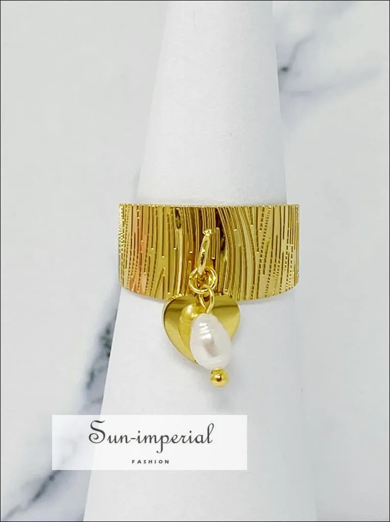 Gold-filled Cuff Dangle Ring With Heart Pendent And Pearl Detail