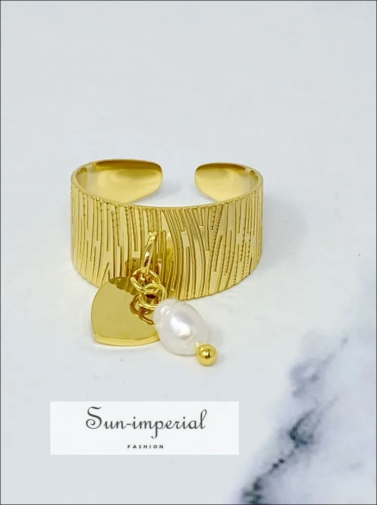 Gold-filled Cuff Dangle Ring With Heart Pendent And Pearl Detail