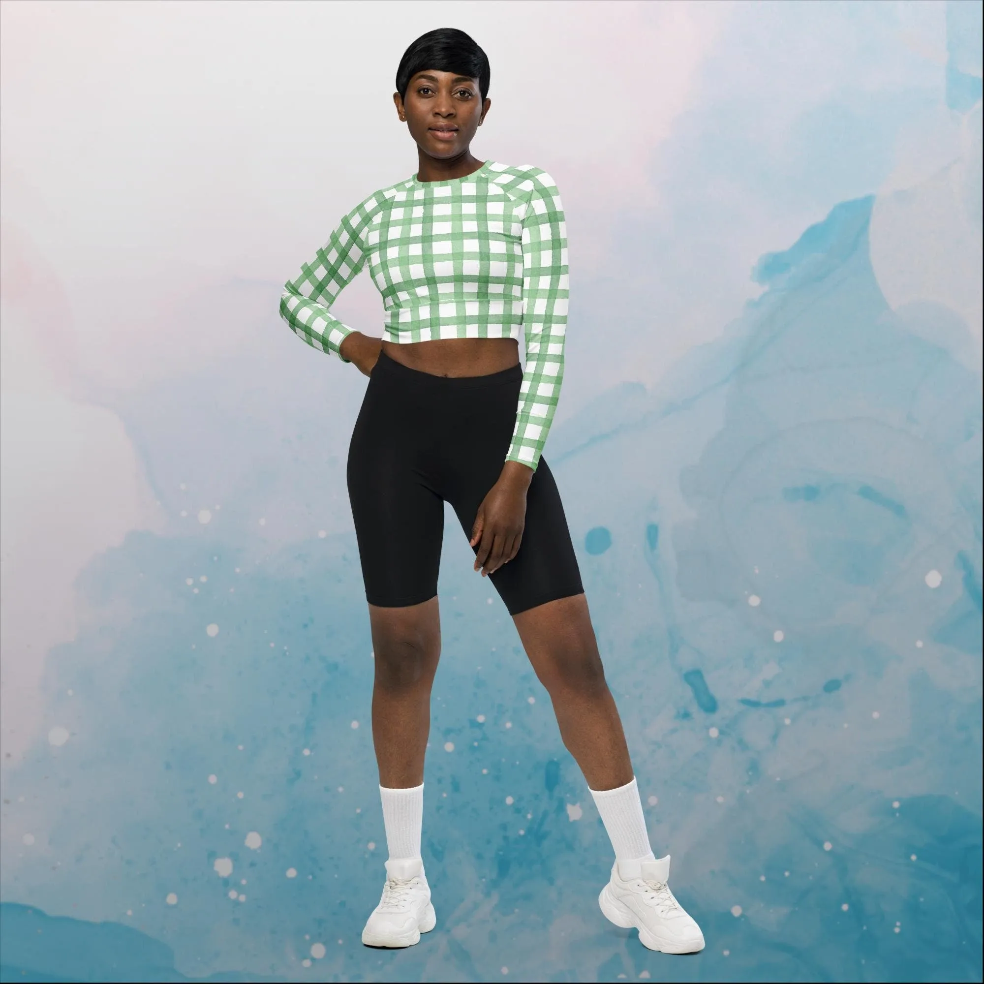 Green Gingham Print Womens Recycled Long Sleeve Crop Top