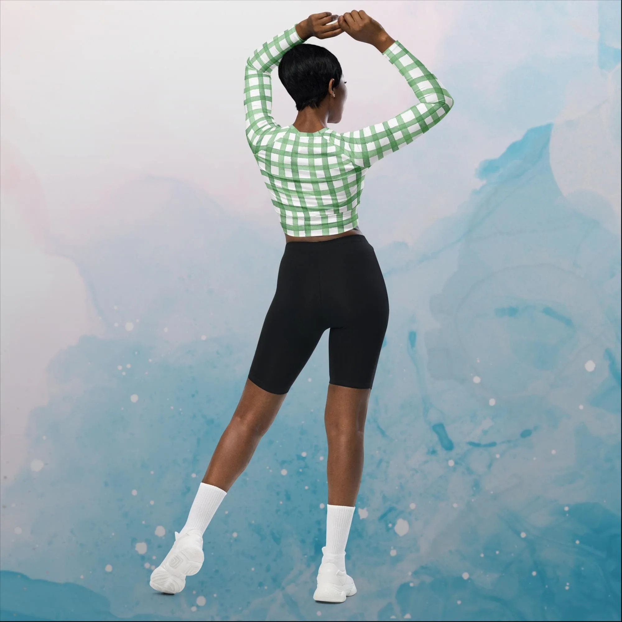 Green Gingham Print Womens Recycled Long Sleeve Crop Top