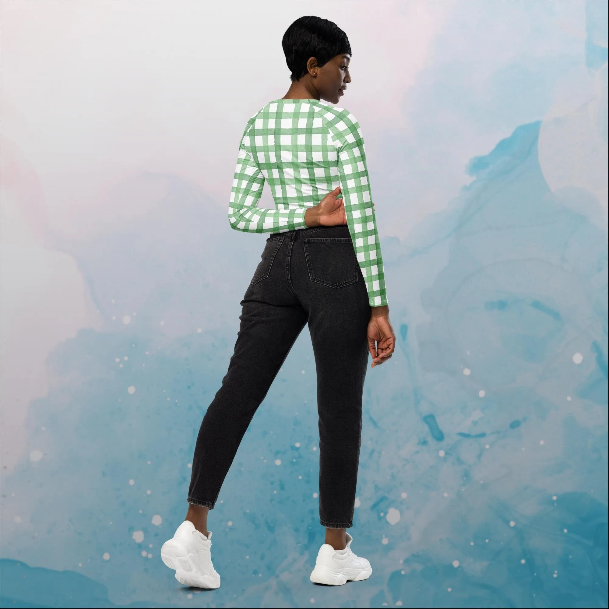 Green Gingham Print Womens Recycled Long Sleeve Crop Top