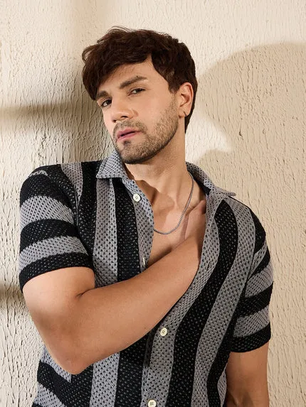 Grey & Black Striped Crochet Knitted Shirt