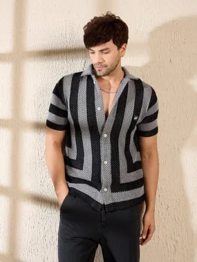 Grey & Black Striped Crochet Knitted Shirt Grey & Black Striped Crochet Knitted Shirt