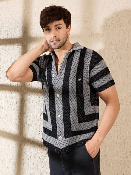 Grey & Black Striped Crochet Knitted Shirt