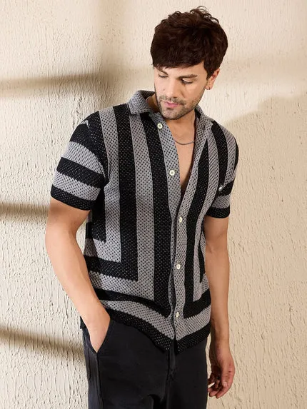 Grey & Black Striped Crochet Knitted Shirt