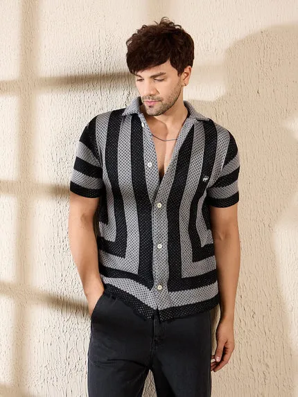 Grey & Black Striped Crochet Knitted Shirt