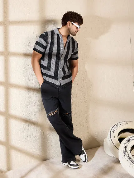 Grey & Black Striped Crochet Knitted Shirt