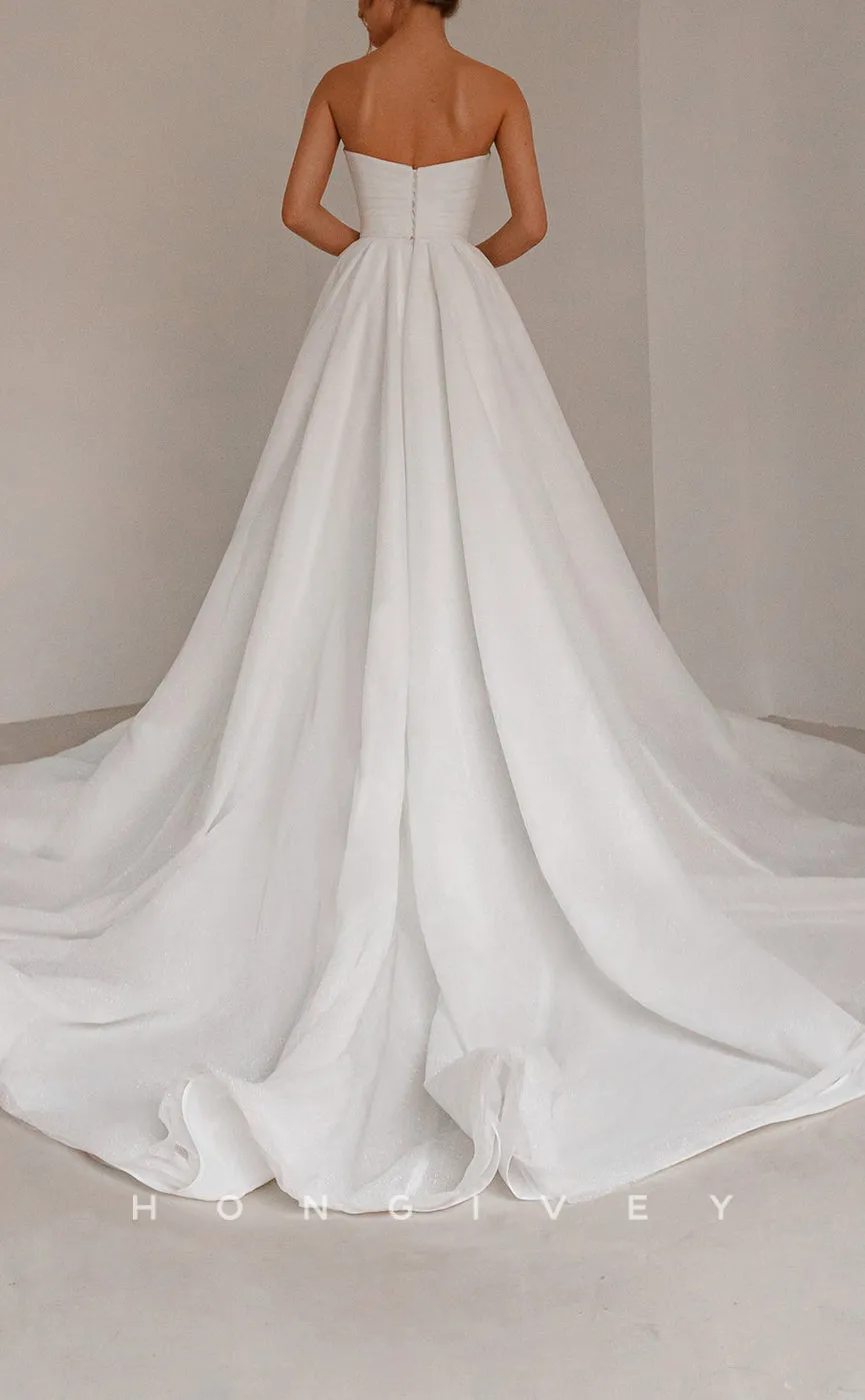 H1121 - Sexy Glitter A-Line Sweetheart Strapless With Side Slit Detachable Bowknot Train Wedding Dress