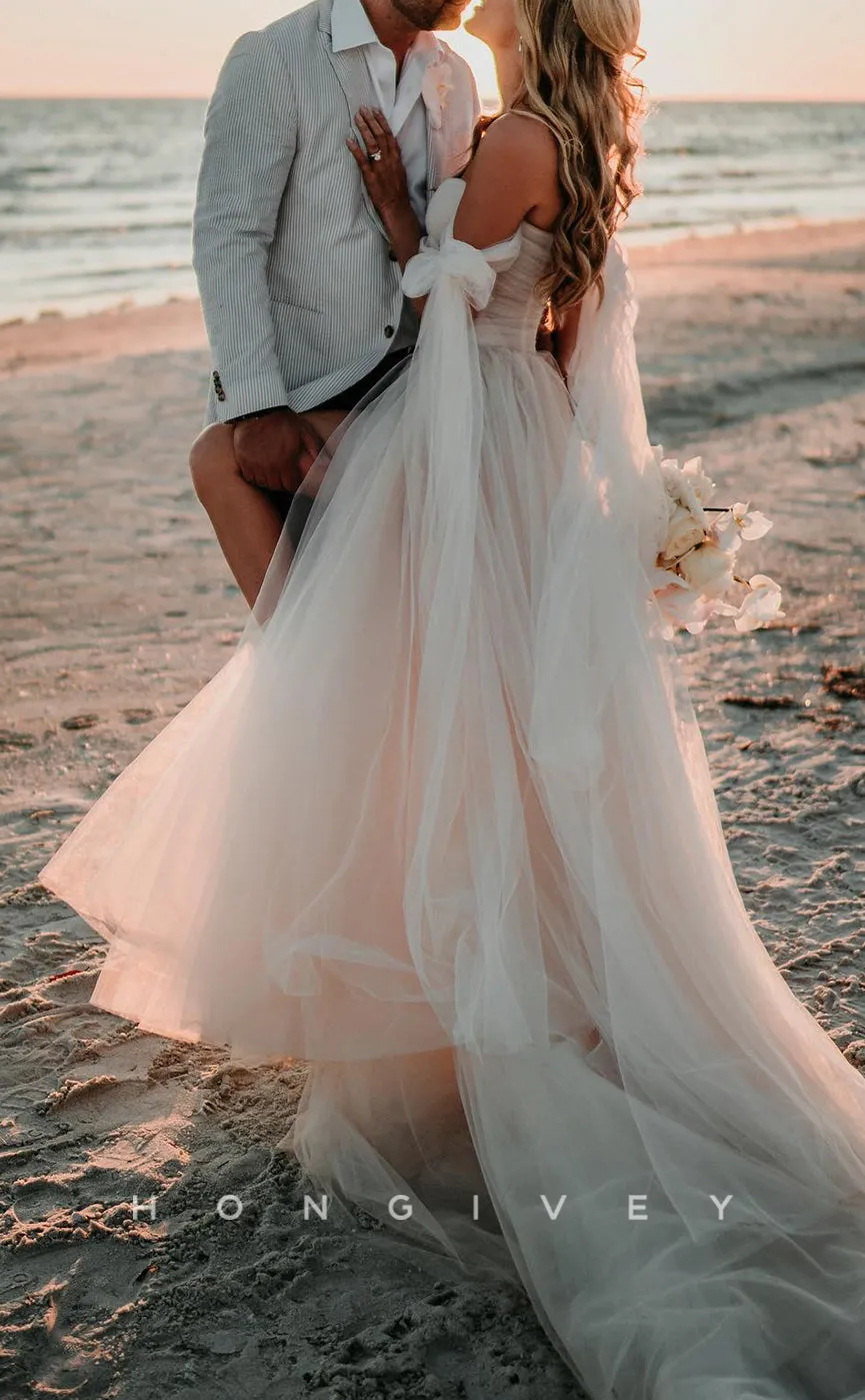 H1185 - Sexy Tulle Illusion A-Line Sweetheart Bowknot Strappy Empire With Side Slit Beach Wedding Dress