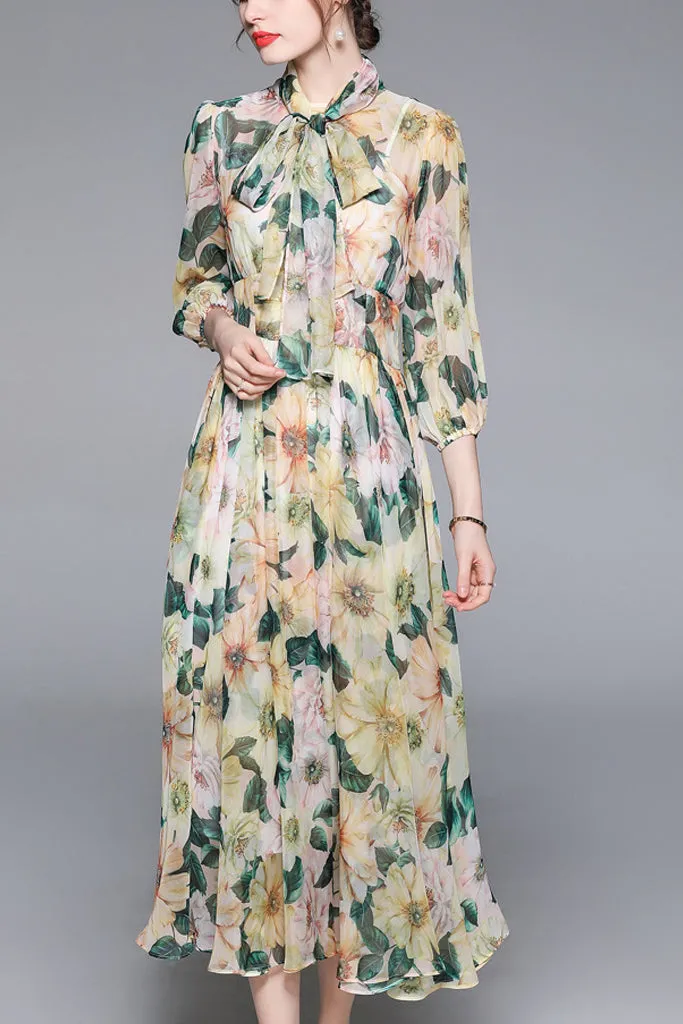 Long Sleeve Neck Bowknot Fit&Flare Dress -Yellow L in Clearance