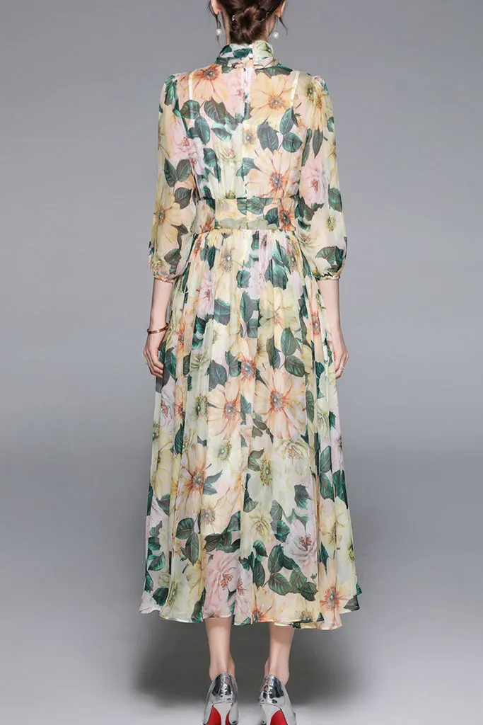 Long Sleeve Neck Bowknot Fit&Flare Dress -Yellow L in Clearance