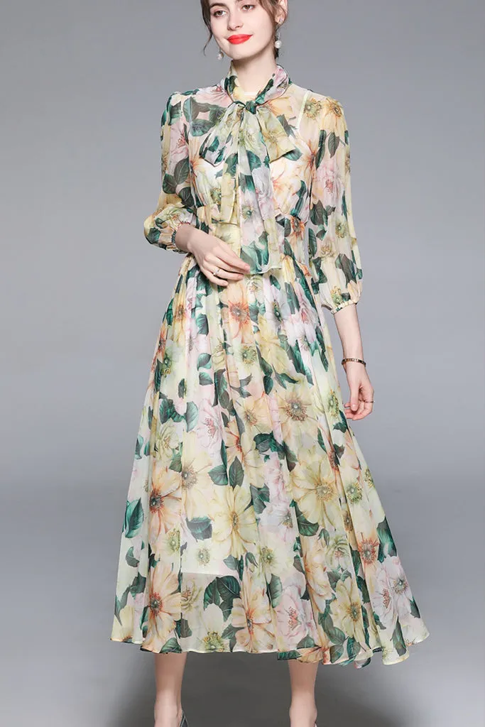 Long Sleeve Neck Bowknot Fit&Flare Dress -Yellow L in Clearance